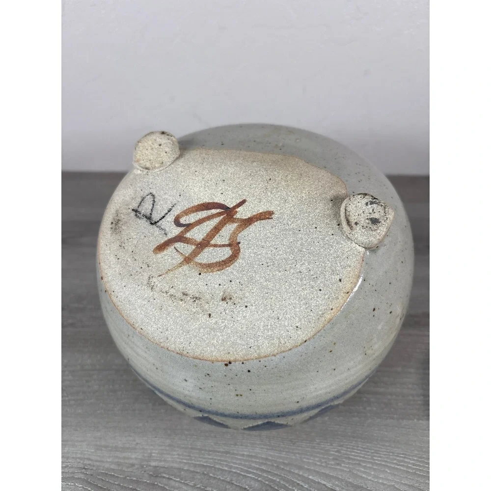 Studio Pottery Lidded Tilted Candy Jar Blue Stoneware Signed Artist Monogram